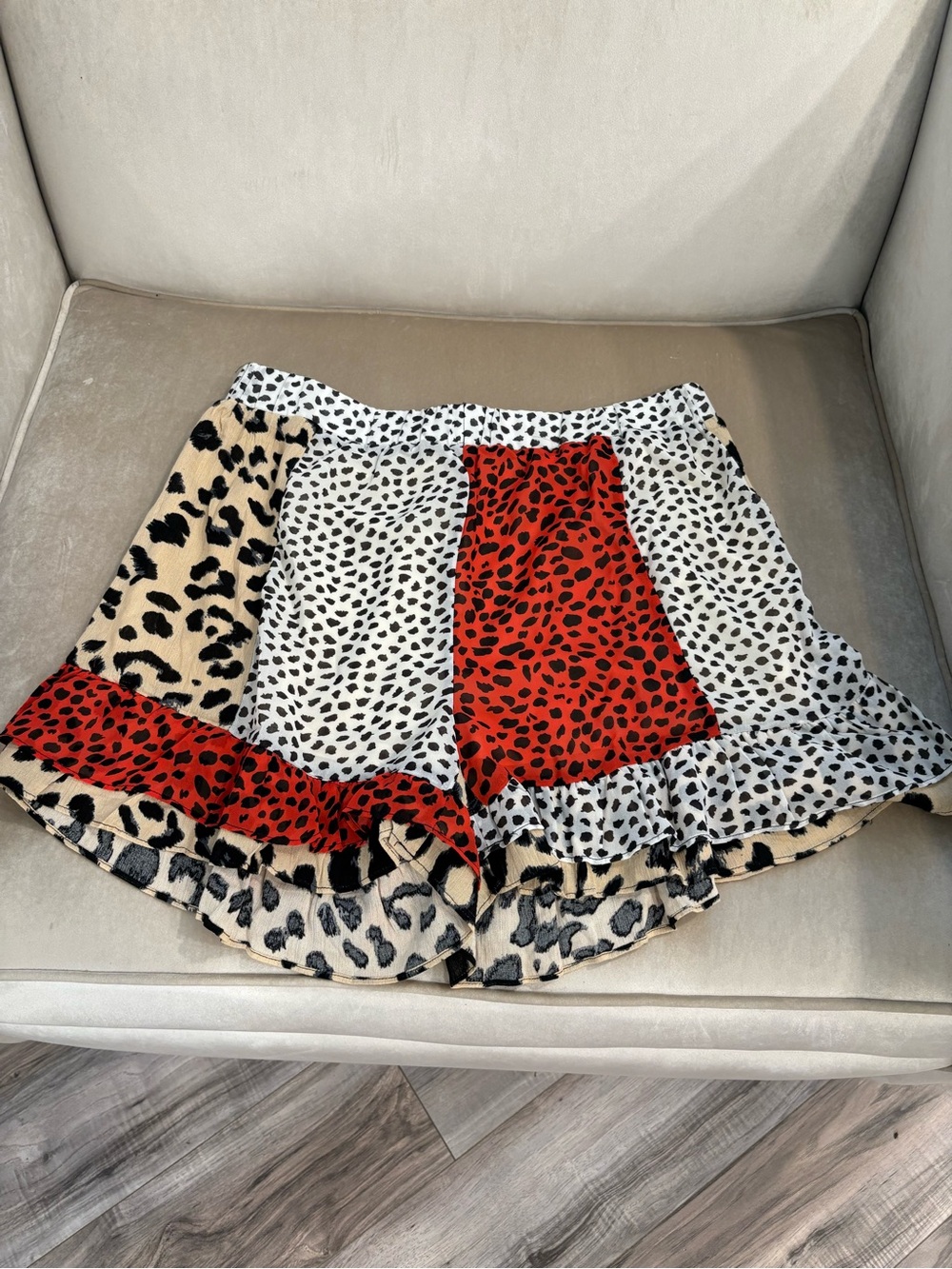 Umgee Multi-Panel Leopard Print High Waist Shorts - Red, White, Tan, Black